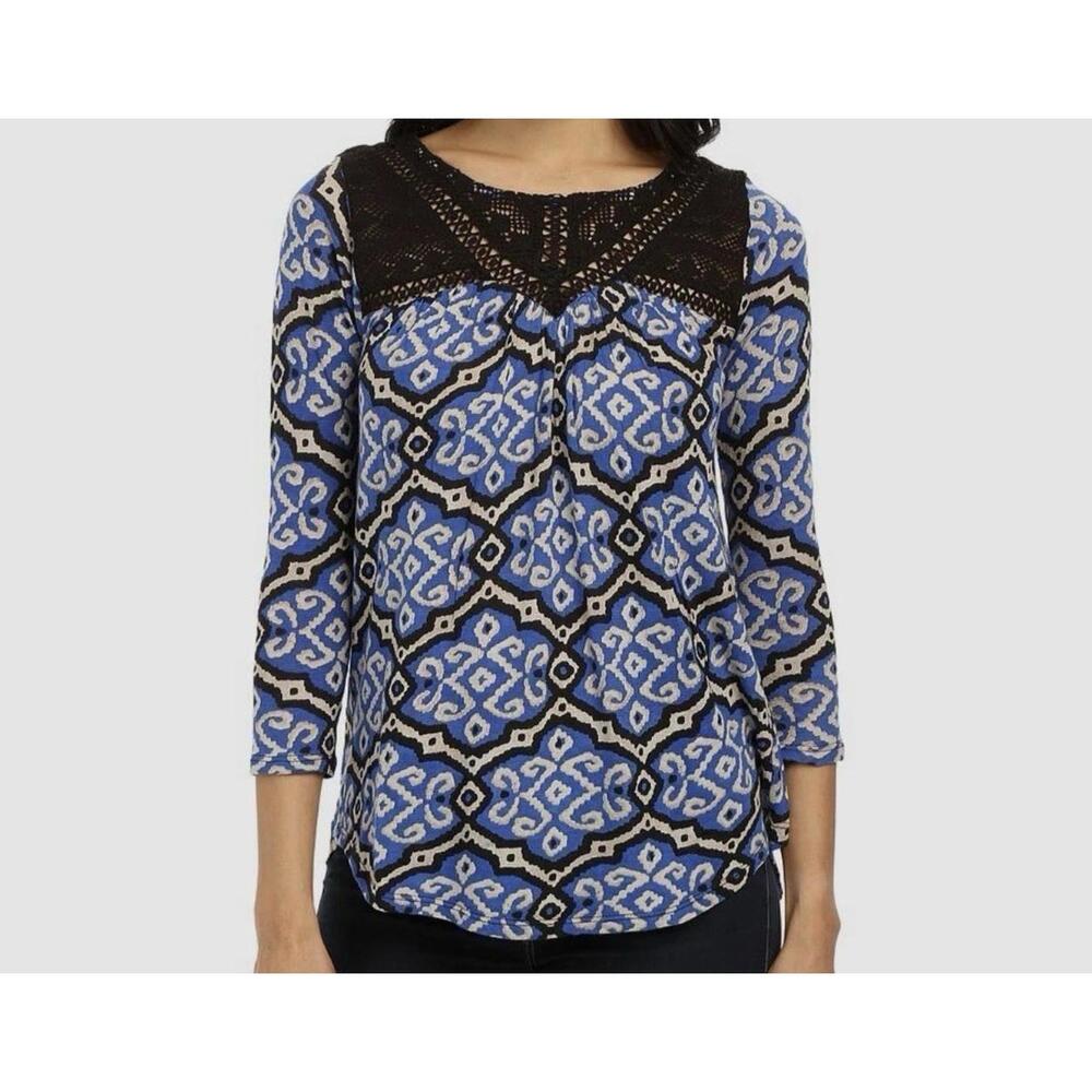 Lucky Brand Women's Blue Geo Tile Lace Yoke Knit 3/4 Sleeve Blouse Top Sm NWOT
